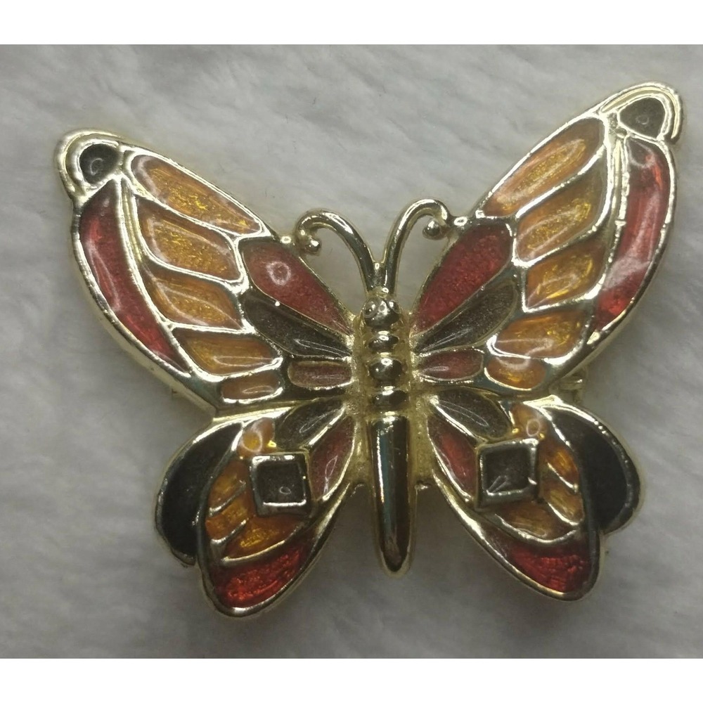 Vintage Style Gold Tone Orange Red Enamel Butterfly Brooch Pin Monarch‎ Wing